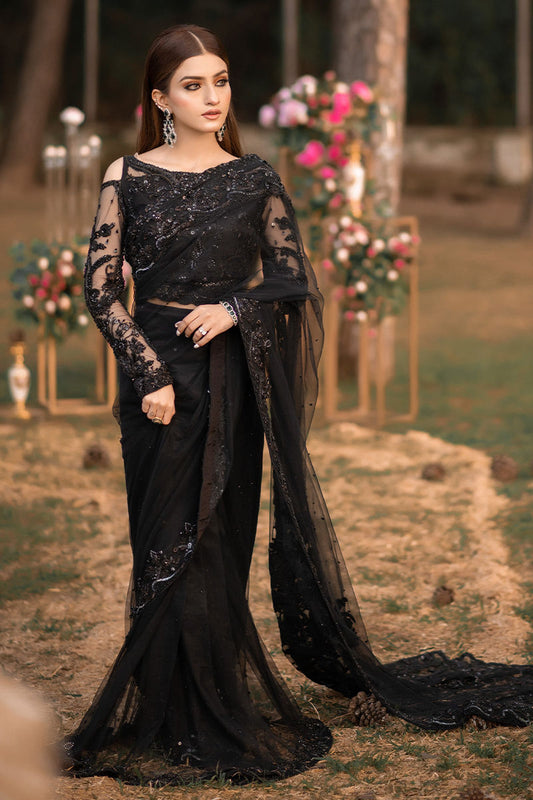 Pakistani Black Dress in Premium Wedding Saree Style - Tariq Farooq